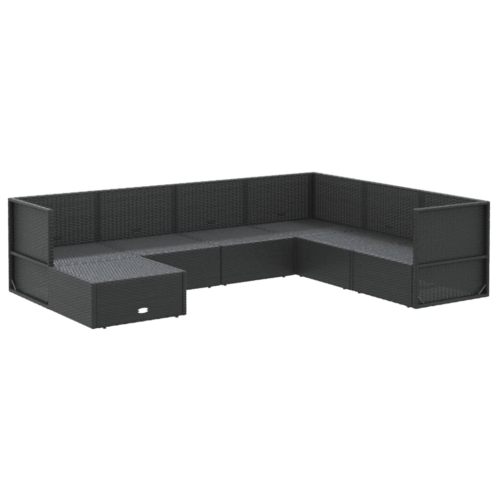 7 Piece Garden Lounge Set with Cushions Black Poly Rattan