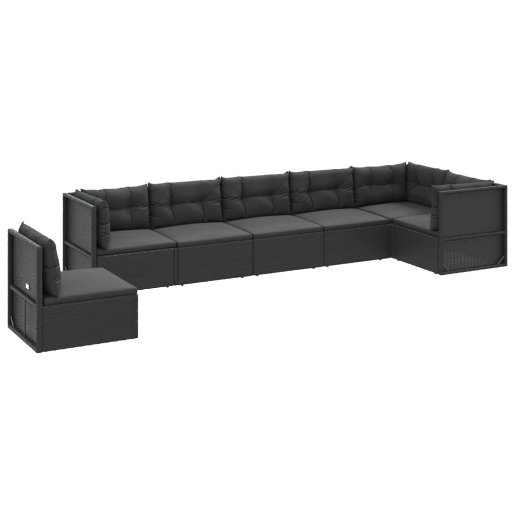7 Piece Garden Lounge Set with Cushions Black Poly Rattan