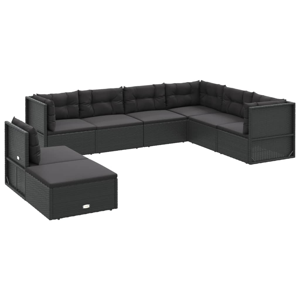 8 Piece Garden Lounge Set with Cushions Black Poly Rattan