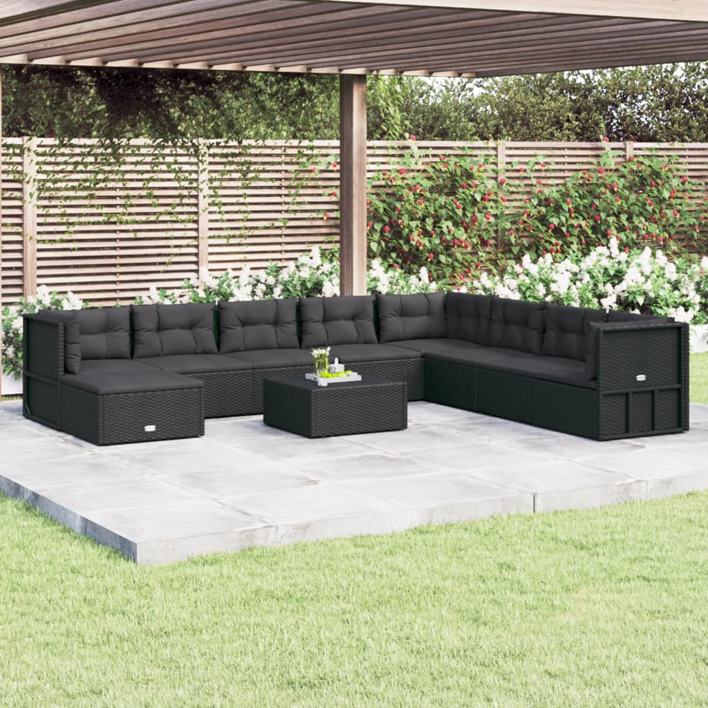 9 Piece Garden Lounge Set with Cushions Black Poly Rattan