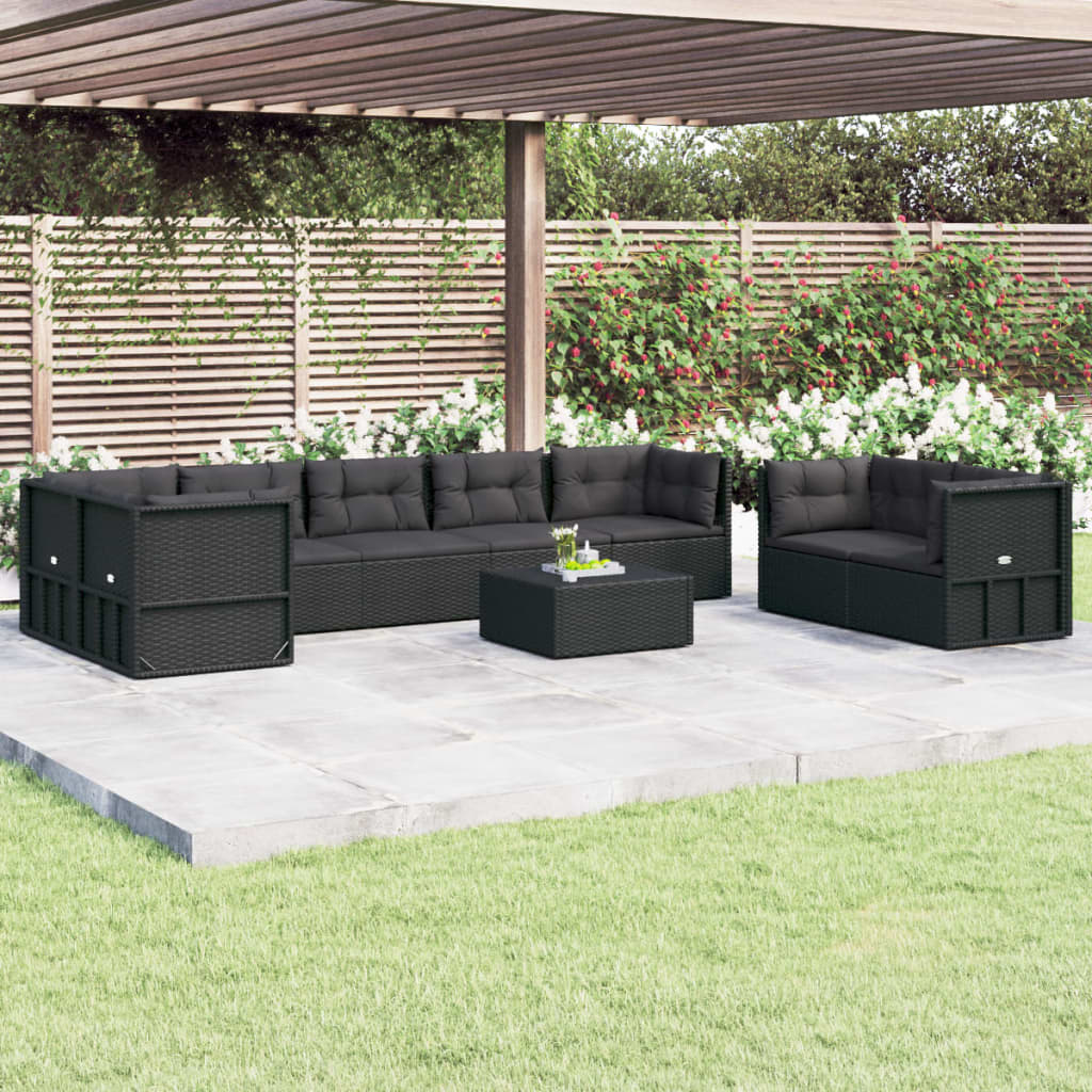 8 Piece Garden Lounge Set with Cushions Black Poly Rattan