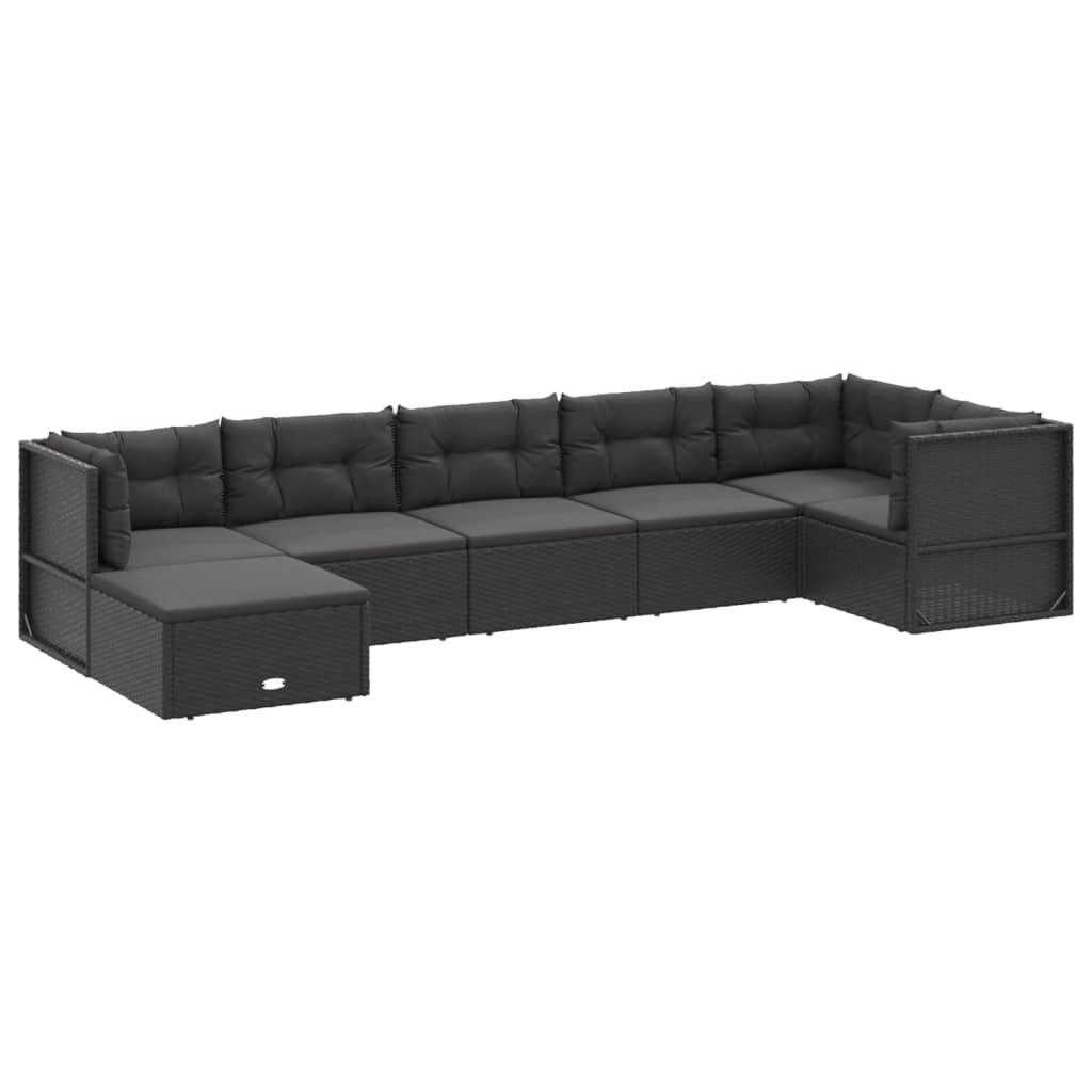 7 Piece Garden Lounge Set with Cushions Black Poly Rattan