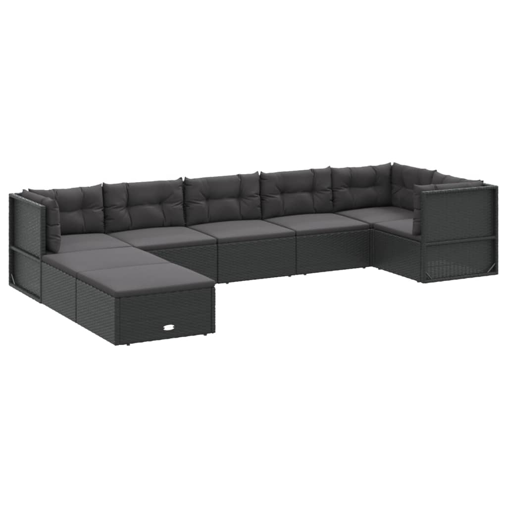 8 Piece Garden Lounge Set with Cushions Black Poly Rattan
