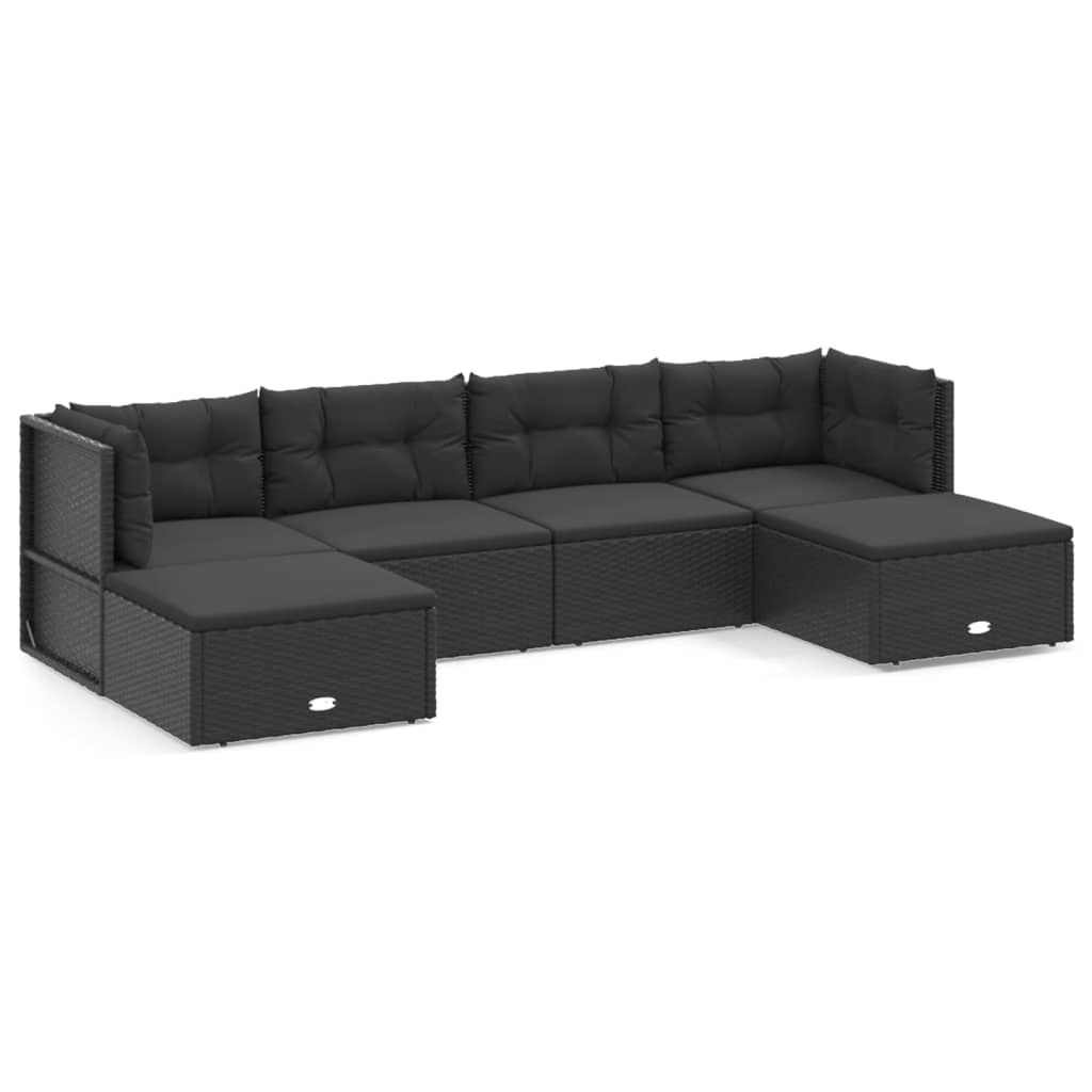 6 Piece Garden Lounge Set with Cushions Black Poly Rattan
