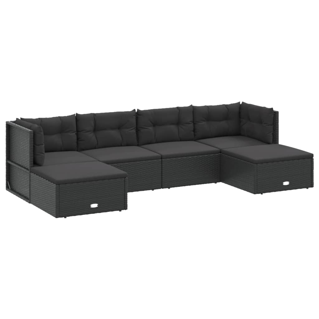 6 Piece Garden Lounge Set with Cushions Black Poly Rattan