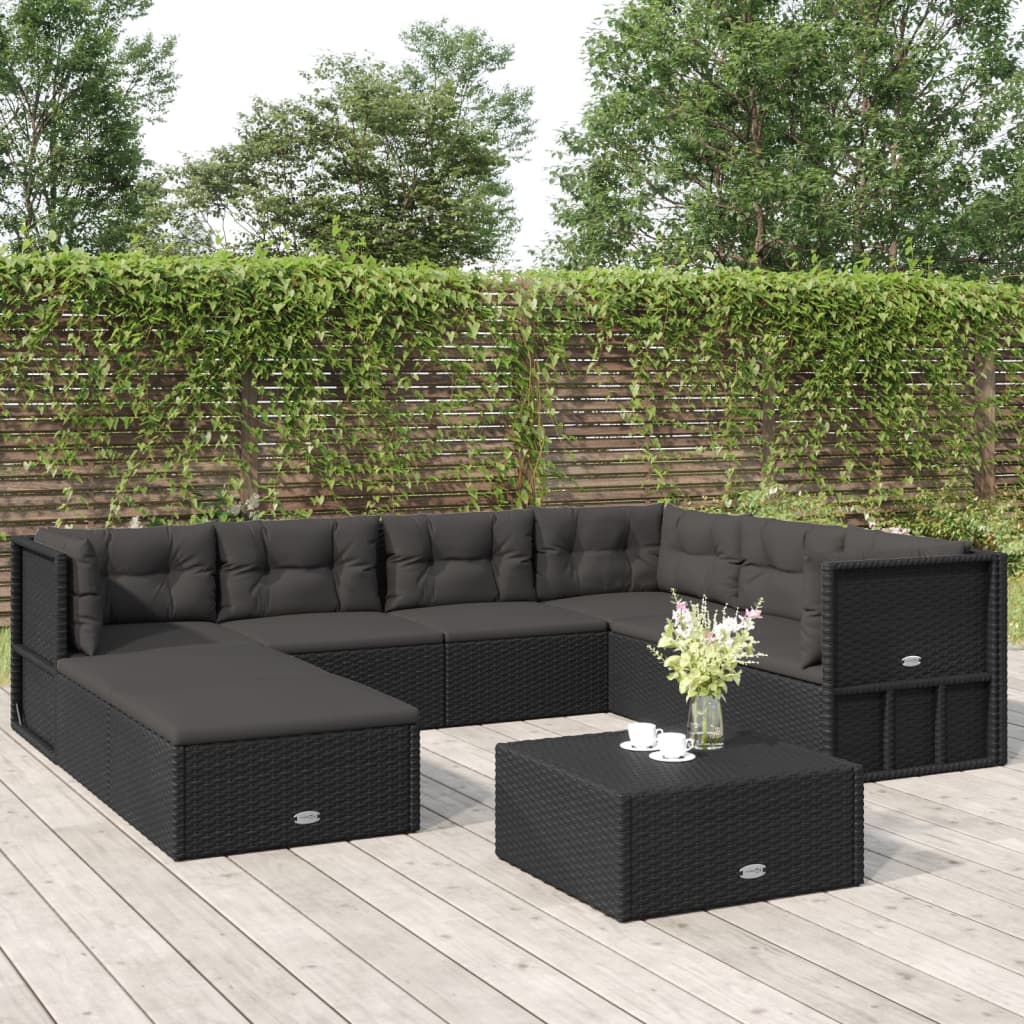 8 Piece Outdoor Sofa Set with Cushions Black Poly Rattan