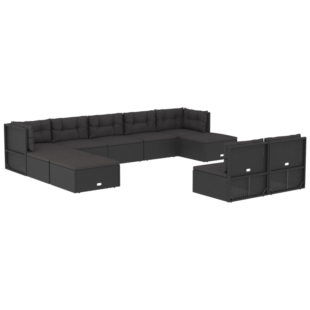 10 Piece Outdoor Sofa Set with Cushions Black Poly Rattan