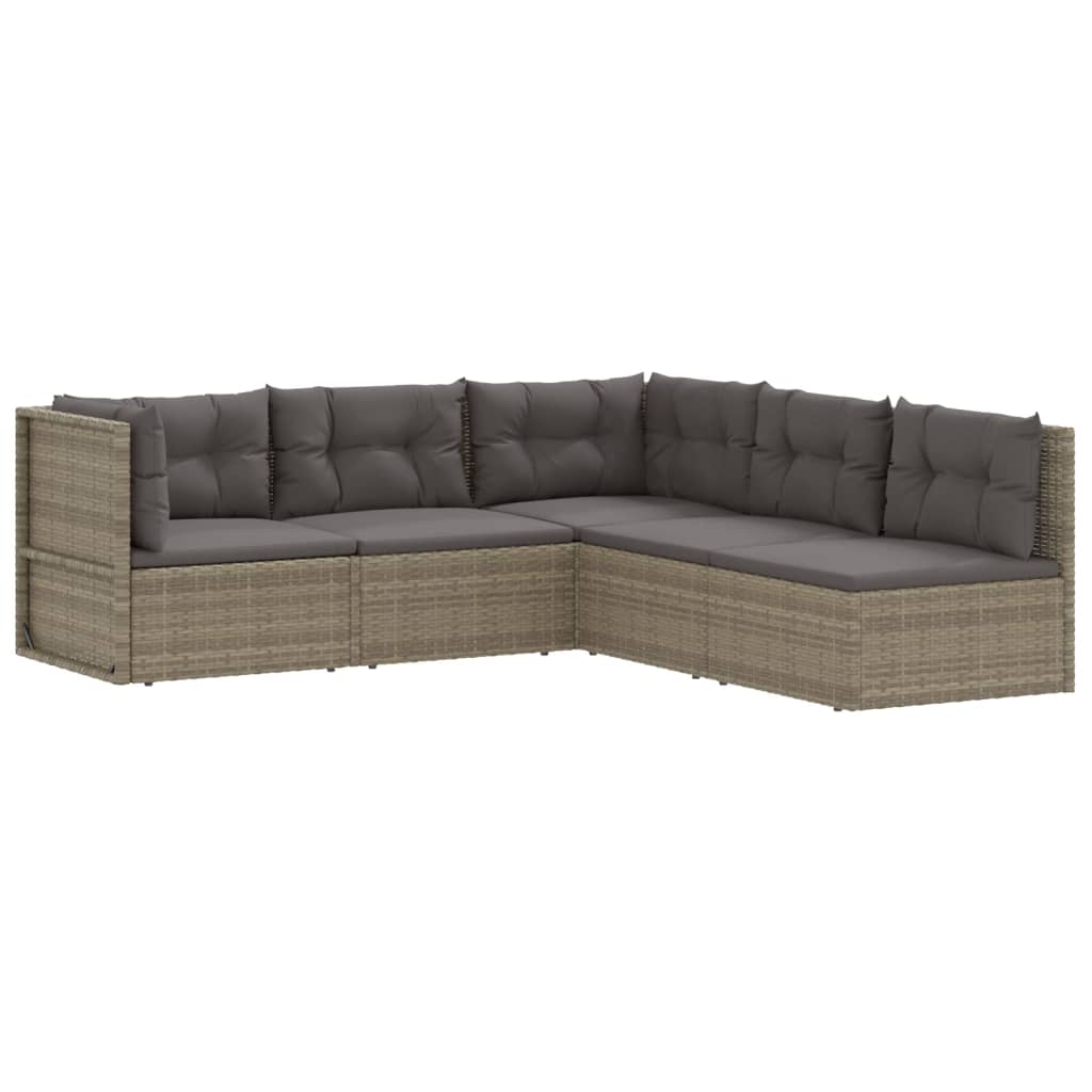 5 Piece Garden Lounge Set with Cushions Grey Poly Rattan