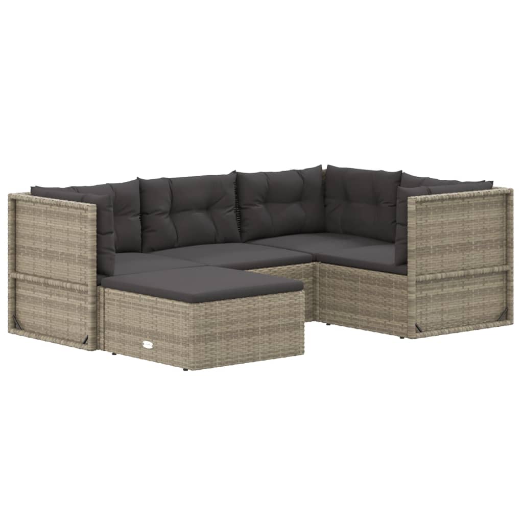 5 Piece Garden Lounge Set with Cushions Grey Poly Rattan