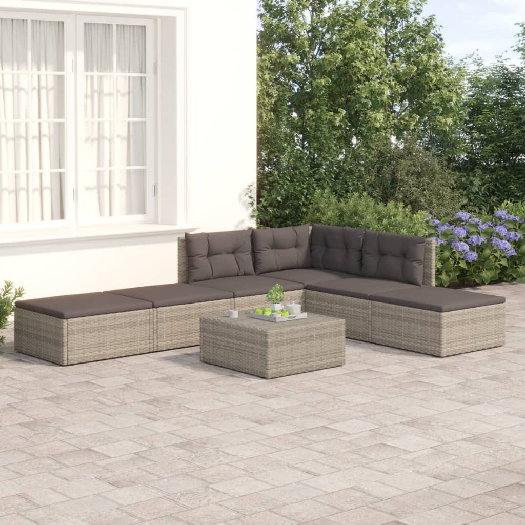 6 Piece Garden Lounge Set with Cushions Grey Poly Rattan