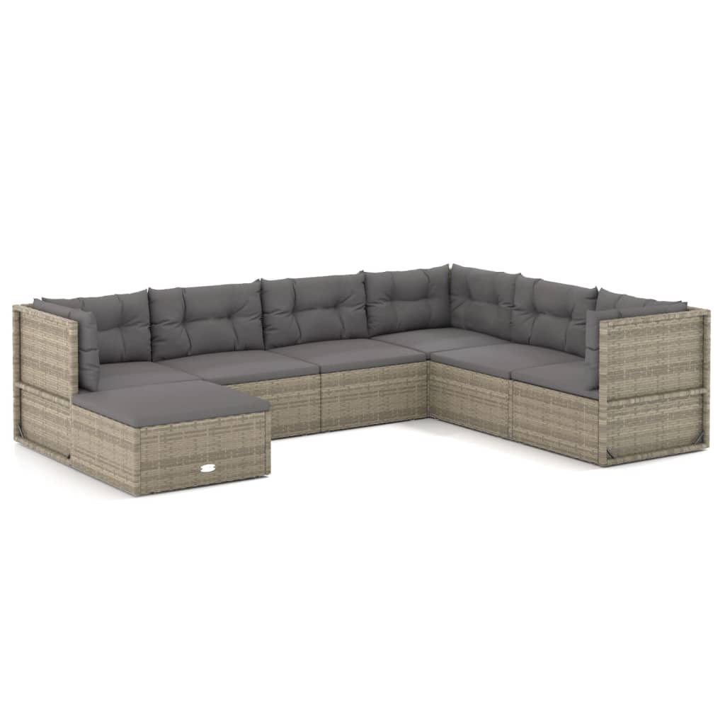 7 Piece Garden Lounge Set with Cushions Grey Poly Rattan