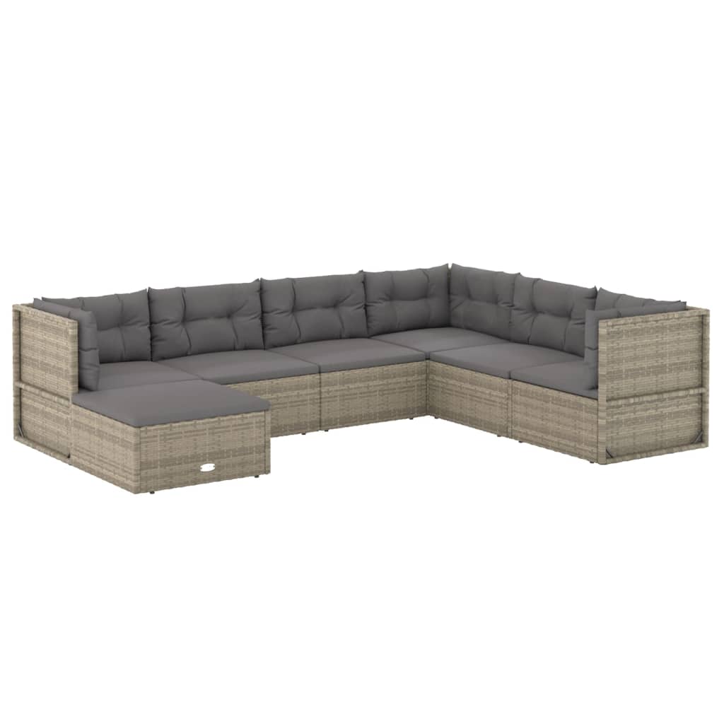 7 Piece Garden Lounge Set with Cushions Grey Poly Rattan