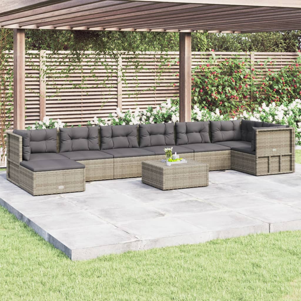8 Piece Garden Lounge Set with Cushions Grey Poly Rattan