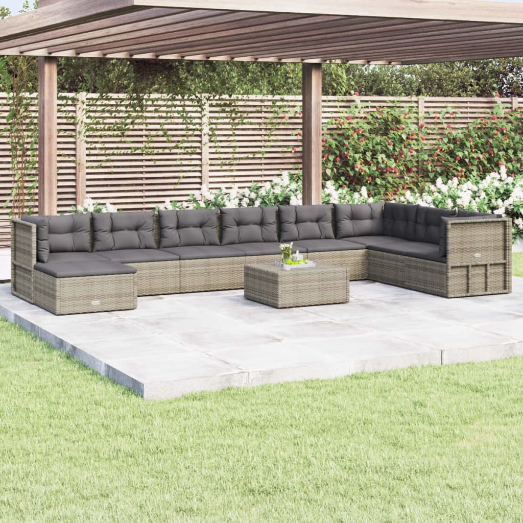 9 Piece Garden Lounge Set with Cushions Grey Poly Rattan