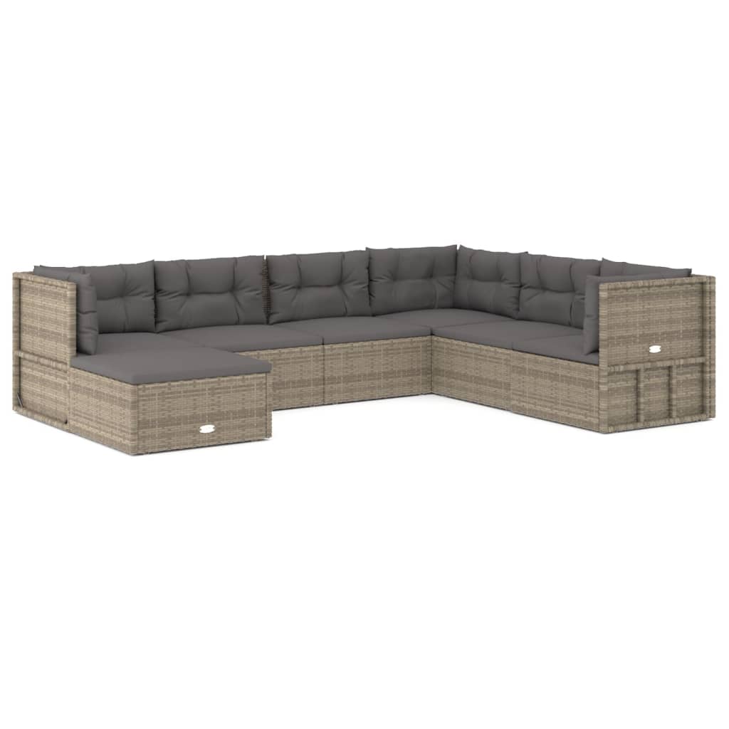 7 Piece Garden Lounge Set with Cushions Grey Poly Rattan