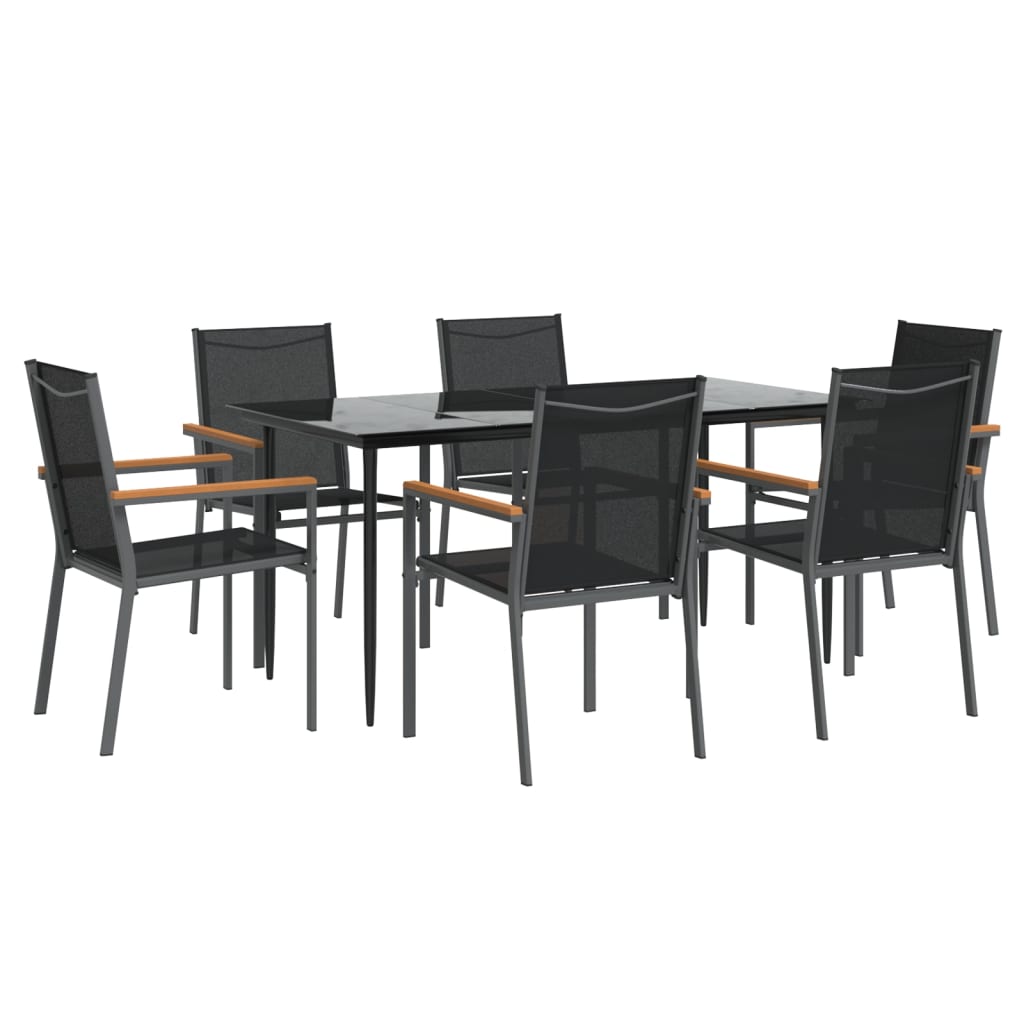 7 Piece Garden Dining Set Black Textilene and Steel