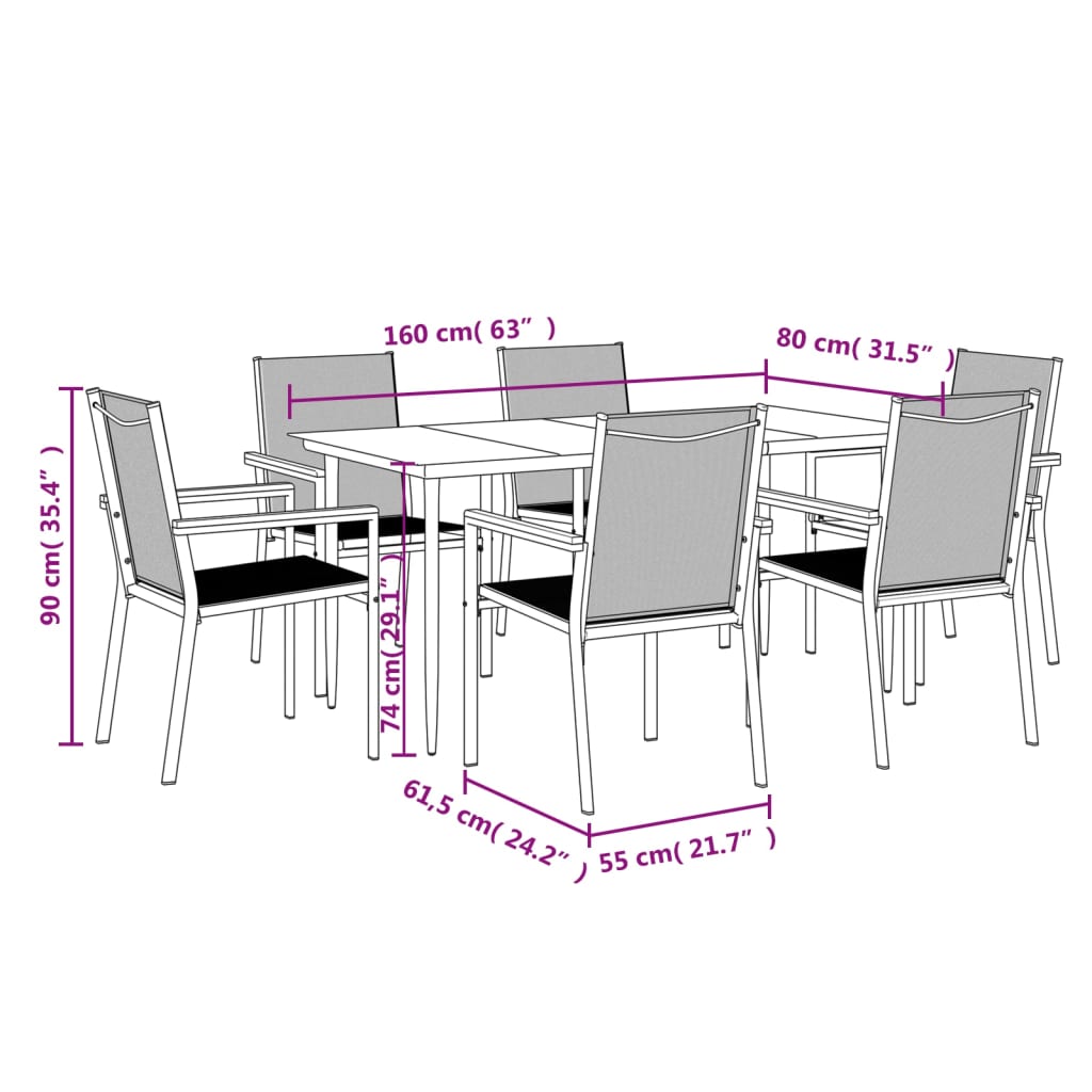 7 Piece Garden Dining Set Black Textilene and Steel