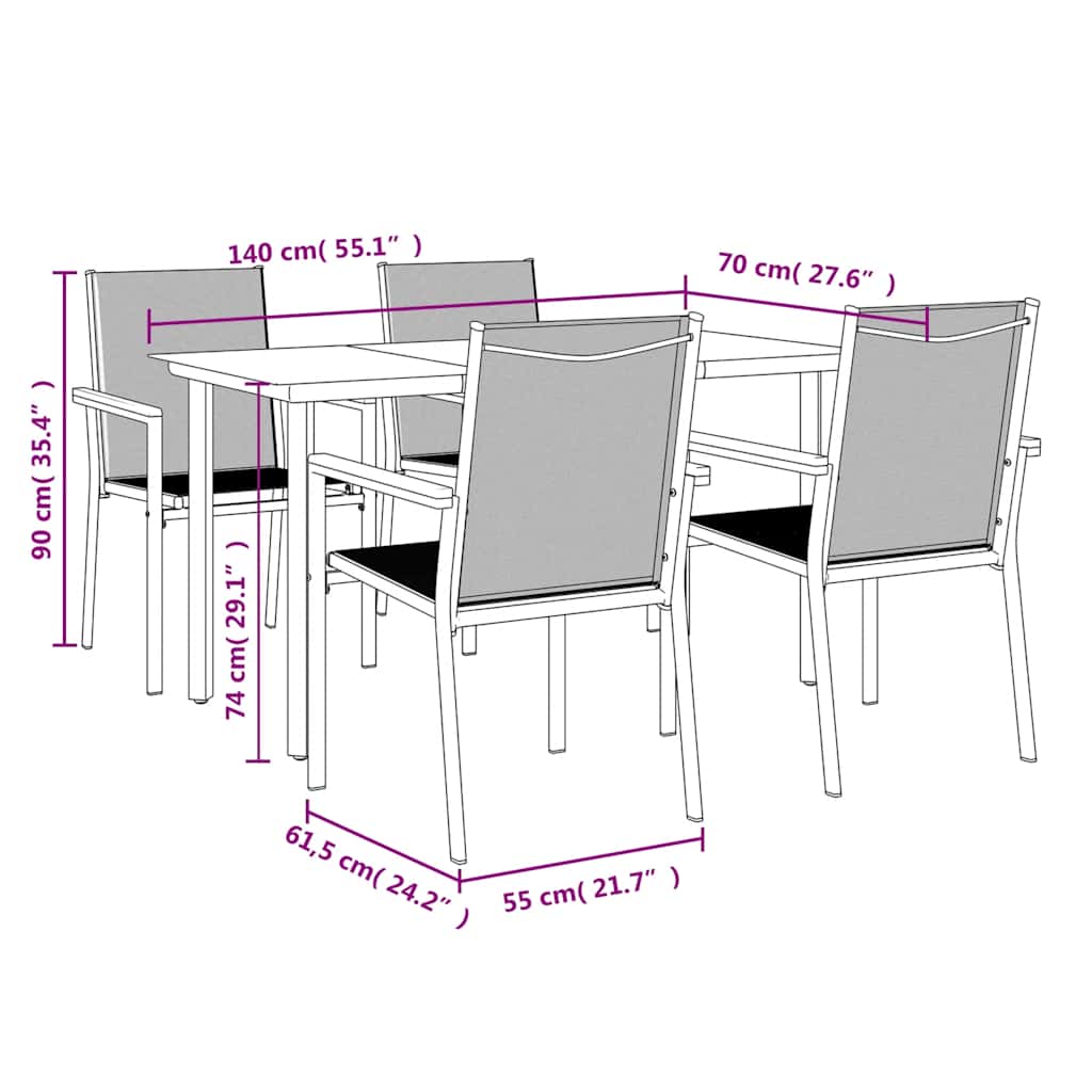 5 Piece Garden Dining Set Black Textilene and Steel
