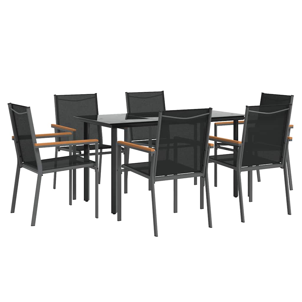 7 Piece Garden Dining Set Black Textilene and Steel