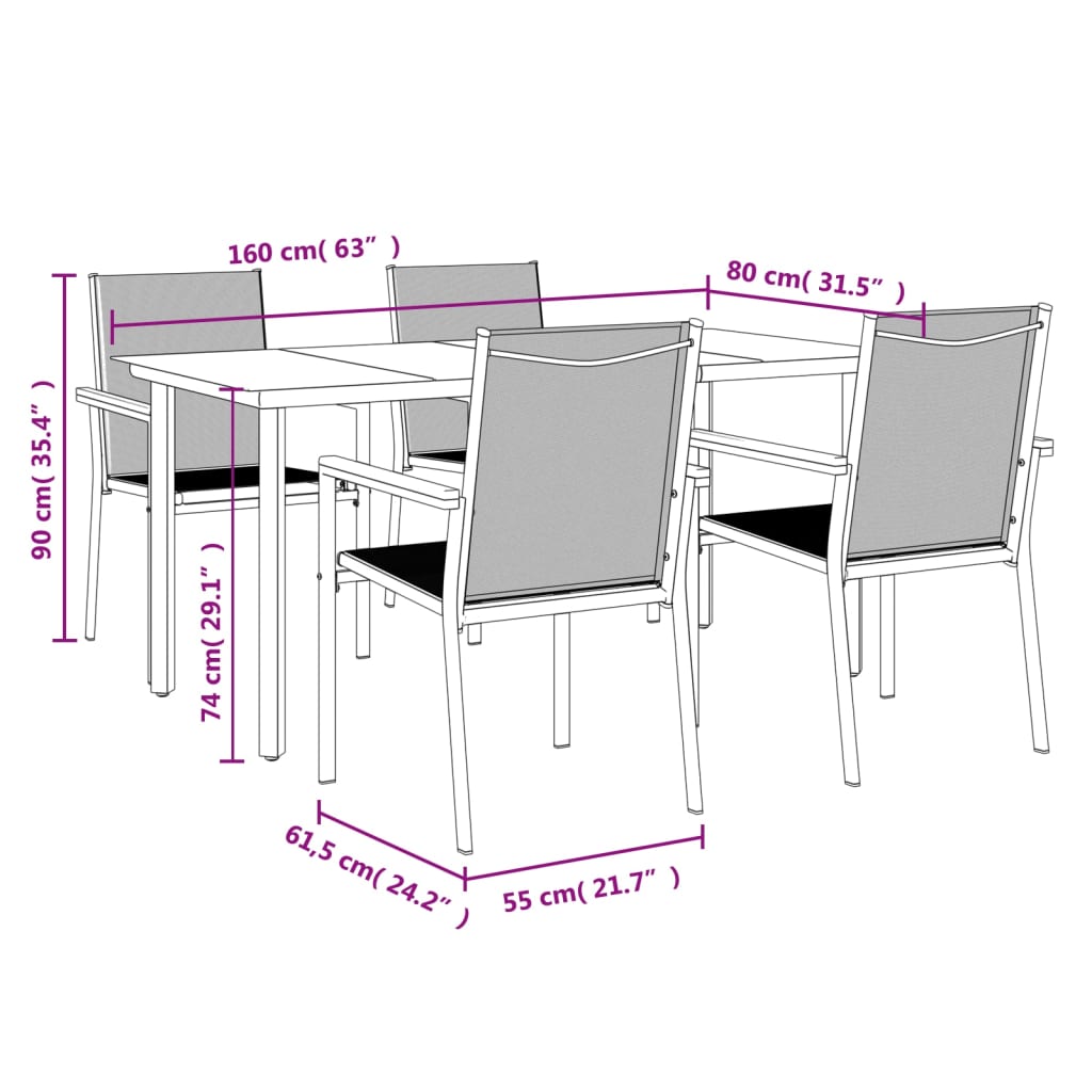 5 Piece Garden Dining Set Black Textilene and Steel