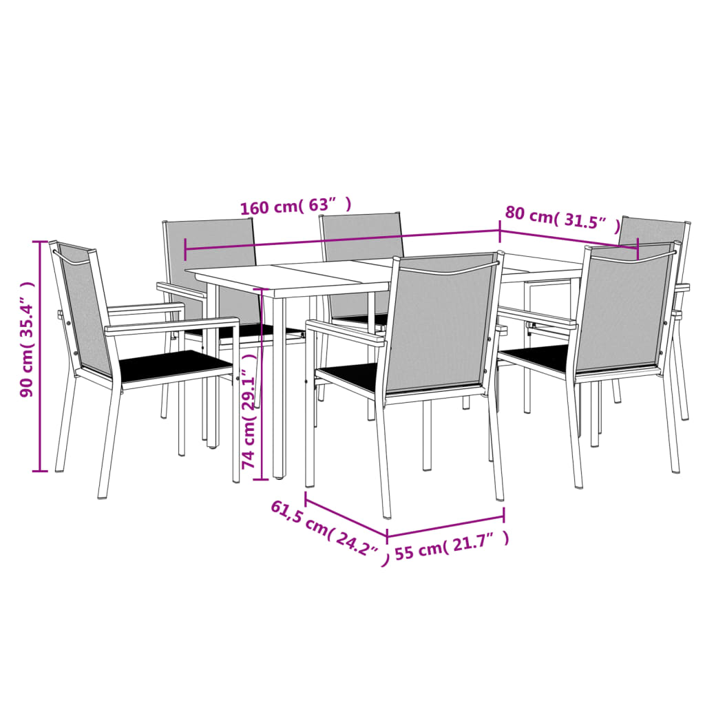 7 Piece Garden Dining Set Black Textilene and Steel