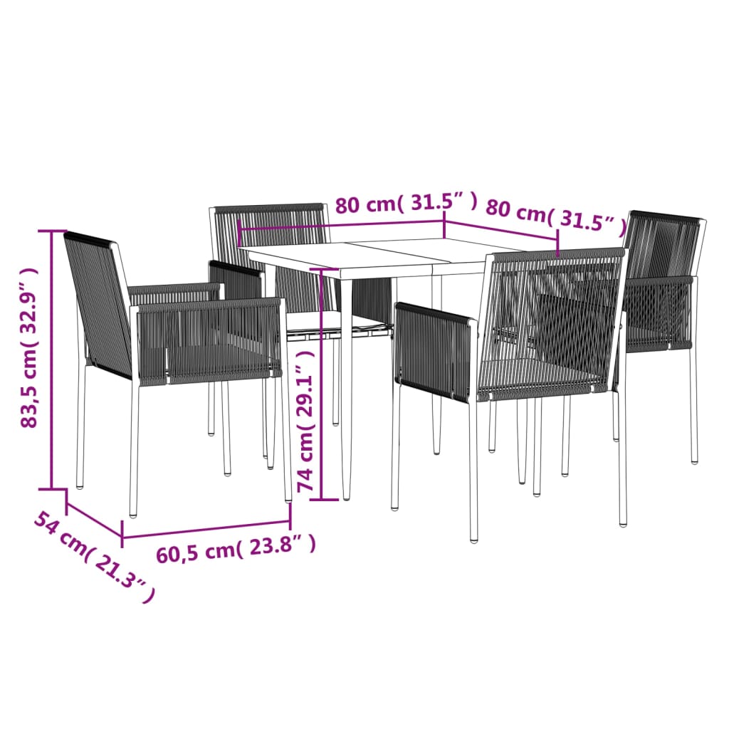5 Piece Garden Dining Set with Cushions Black Poly Rattan and Steel