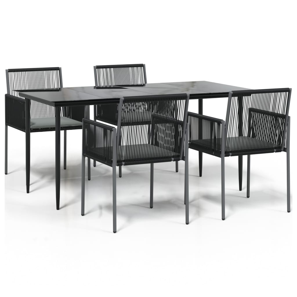 5 Piece Garden Dining Set with Cushions Black Poly Rattan and Steel