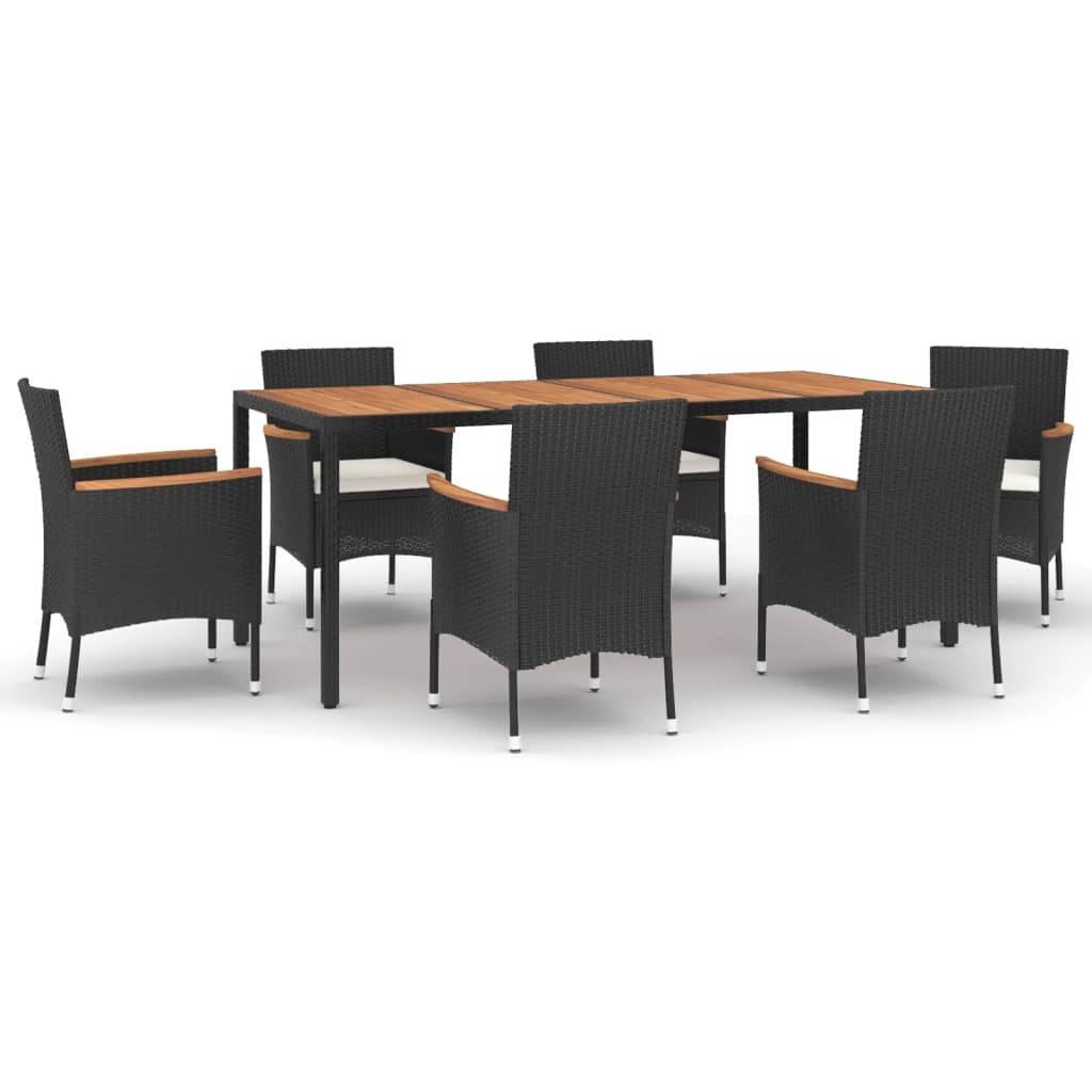 7 Piece Garden Dining Set with Cushions Black Poly Rattan