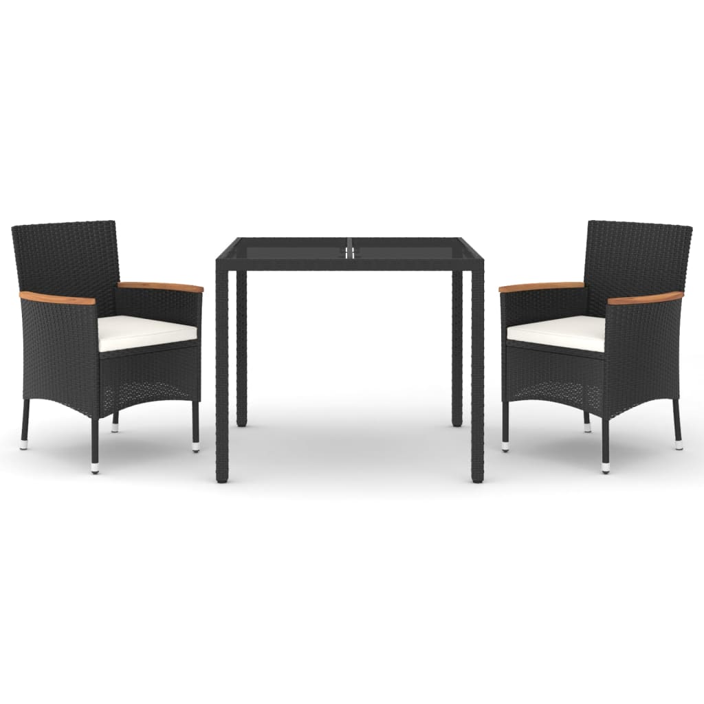 3 Piece Garden Dining Set with Cushions Black Poly Rattan