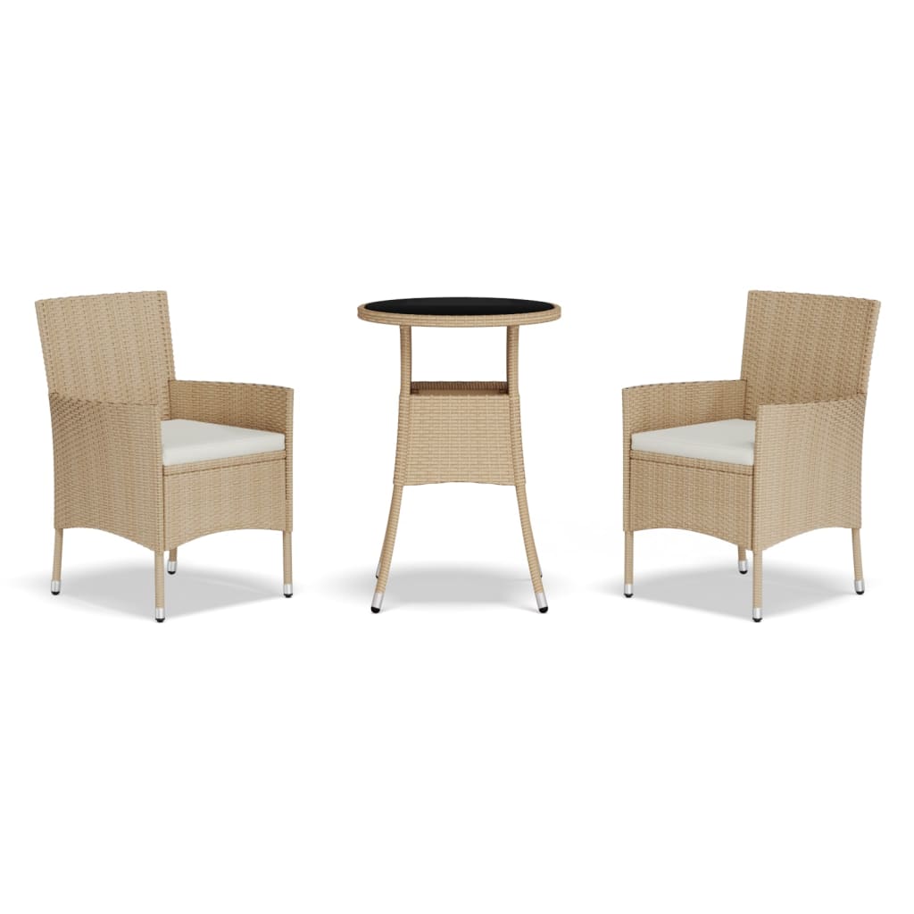 3 Piece Garden Bistro Set with Cushions Beige Poly Rattan