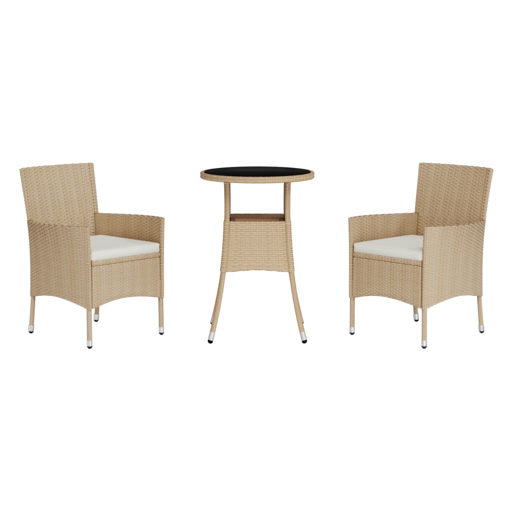 3 Piece Garden Bistro Set with Cushions Beige Poly Rattan