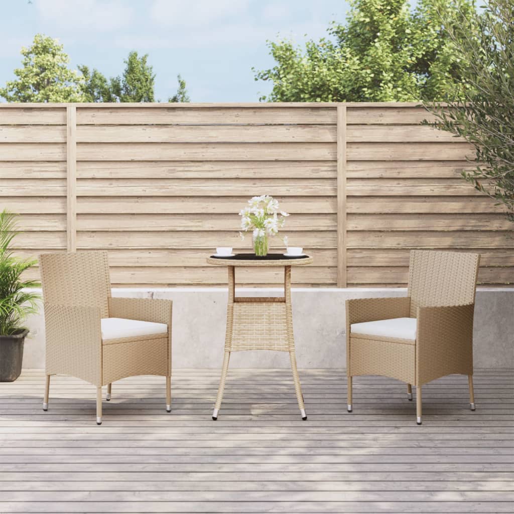 3 Piece Garden Bistro Set with Cushions Beige Poly Rattan
