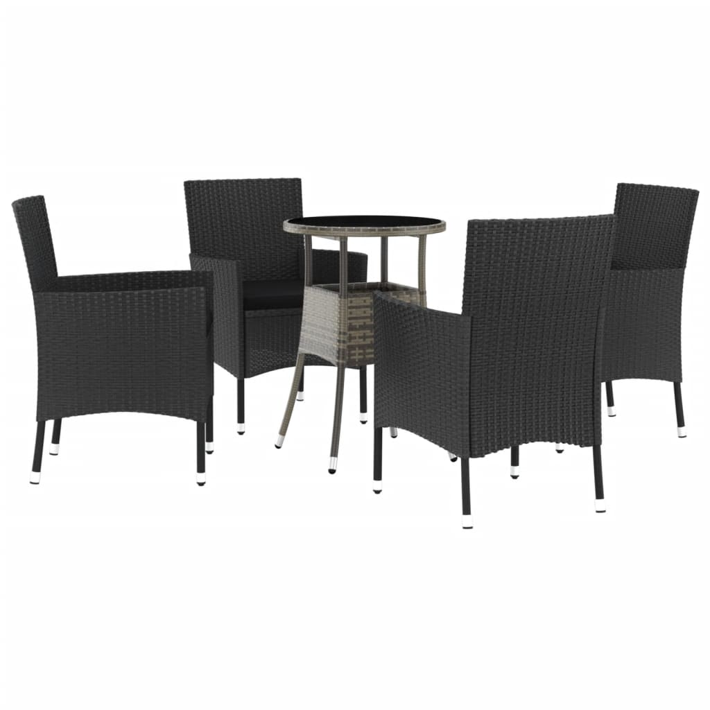 5 Piece Garden Bistro Set with Cushions Black Poly Rattan