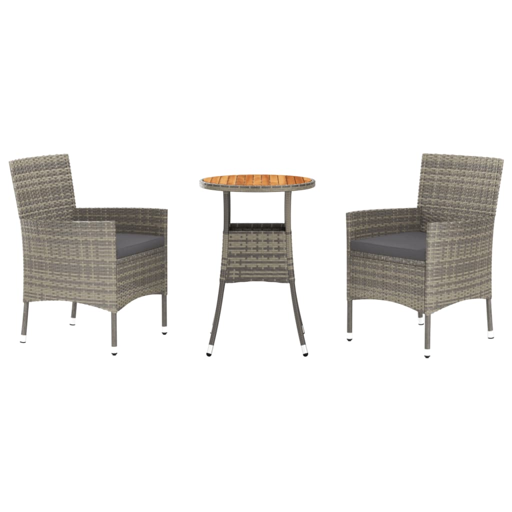 3 Piece Garden Bistro Set with Cushions Grey Poly Rattan