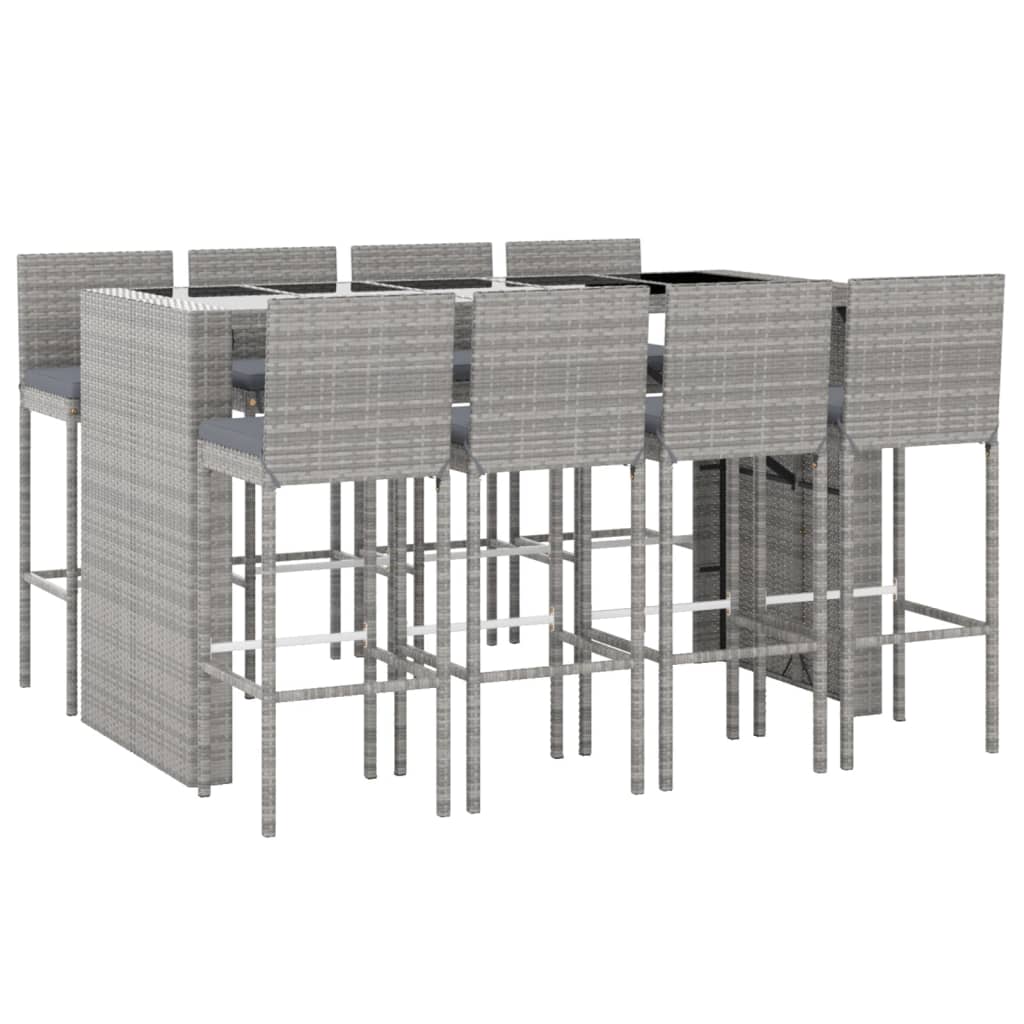 9 Piece Garden Bar Set with Cushions Grey Poly Rattan