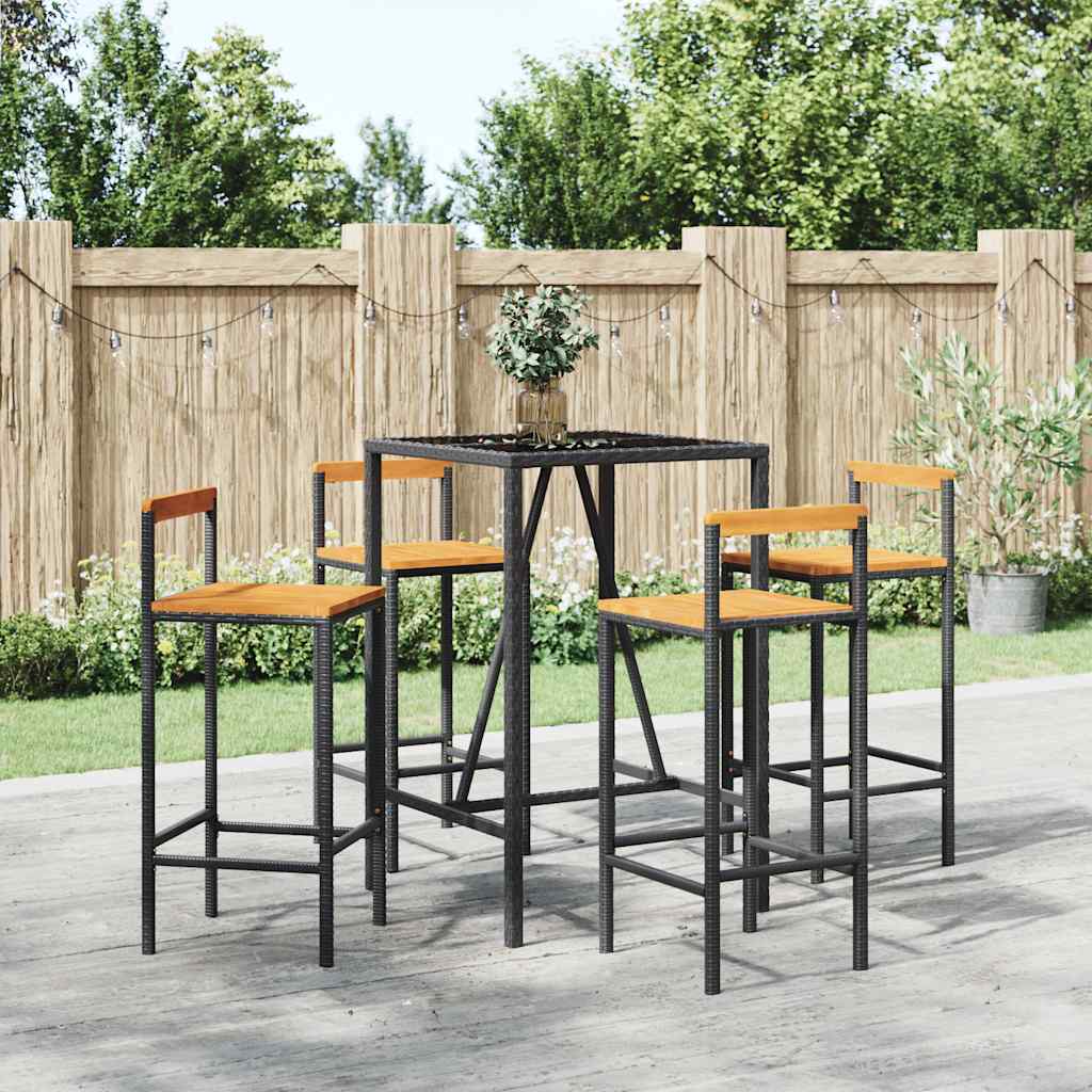 5 Piece Garden Bar Set Black Poly Rattan& Solid Wood Acacia