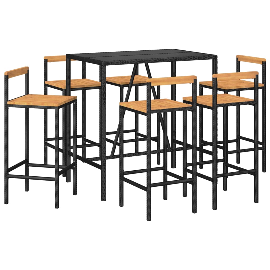 7 Piece Garden Bar Set Black Poly Rattan& Solid Wood Acacia