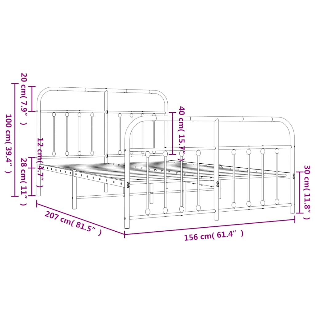 Metal Bed Frame without Mattress with Footboard Black 150x200 cm