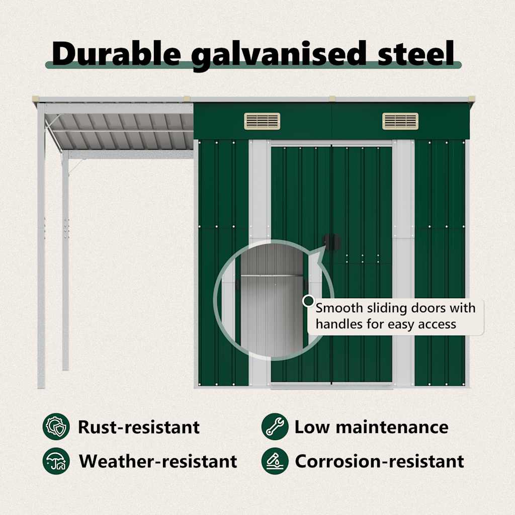 Garden Shed with Extended Roof Green 277x107x181 cm Steel