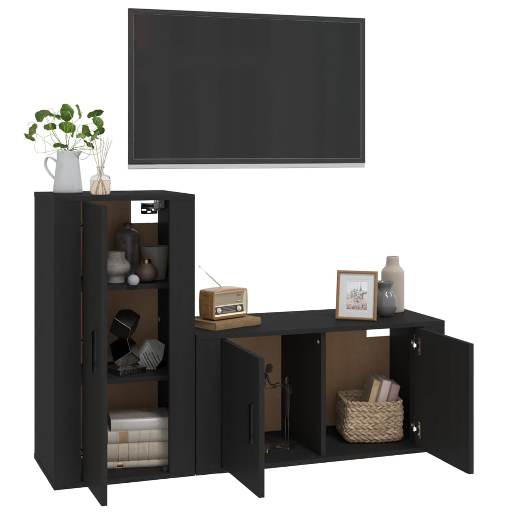 2 Piece TV Cabinet Set Black Engineered Wood