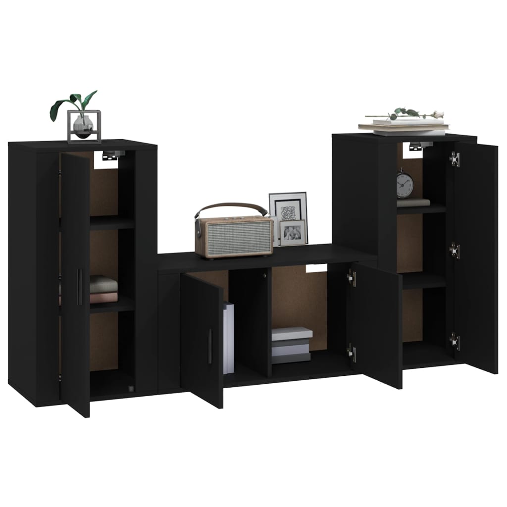 3 Piece TV Cabinet Set Black Engineered Wood