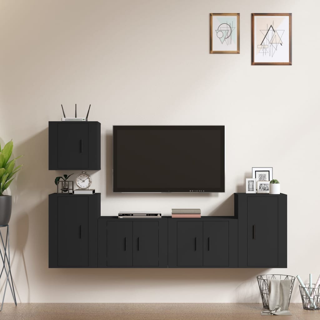 5 Piece TV Cabinet Set Black Engineered Wood