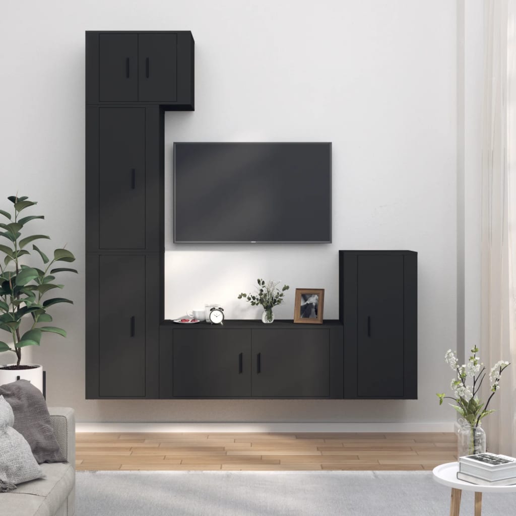 5 Piece TV Cabinet Set Black Engineered Wood