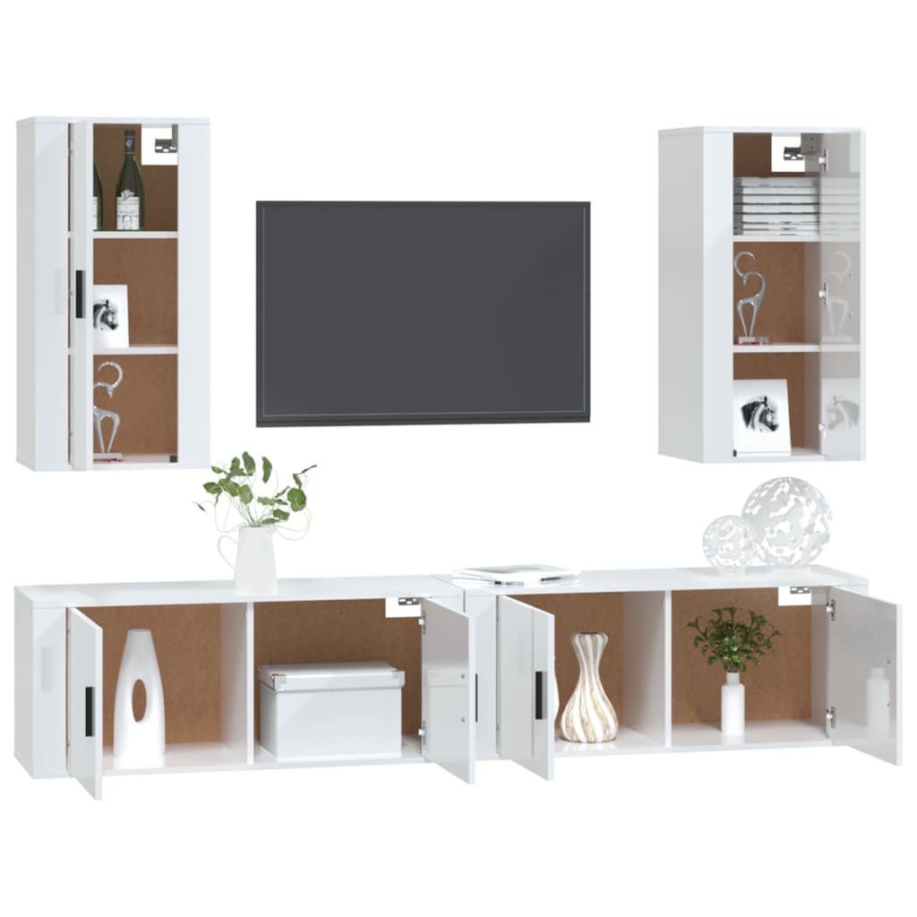 4 Piece TV Cabinet Set High Gloss White Engineered Wood