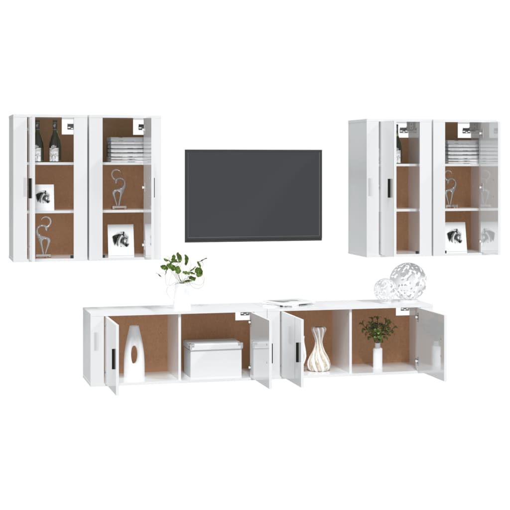 6 Piece TV Cabinet Set High Gloss White Engineered Wood