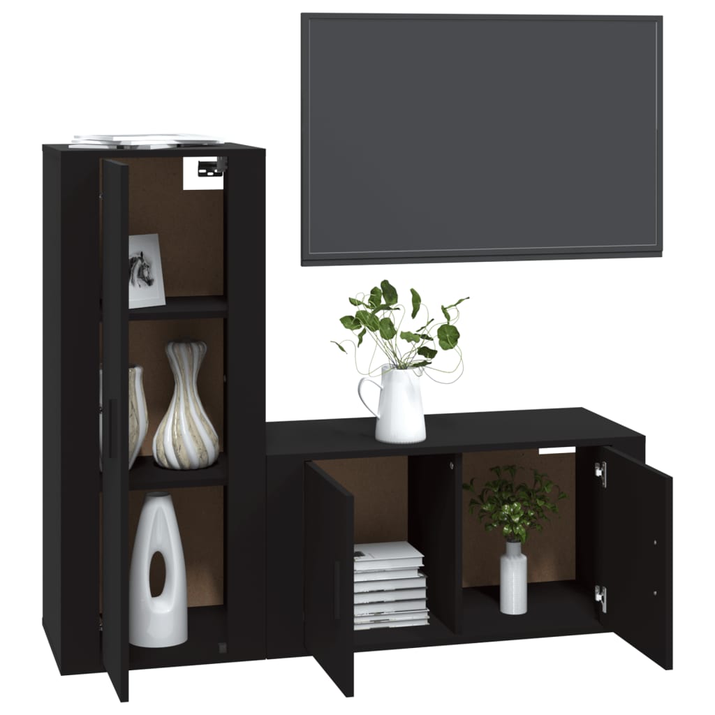 2 Piece TV Cabinet Set Black Engineered Wood