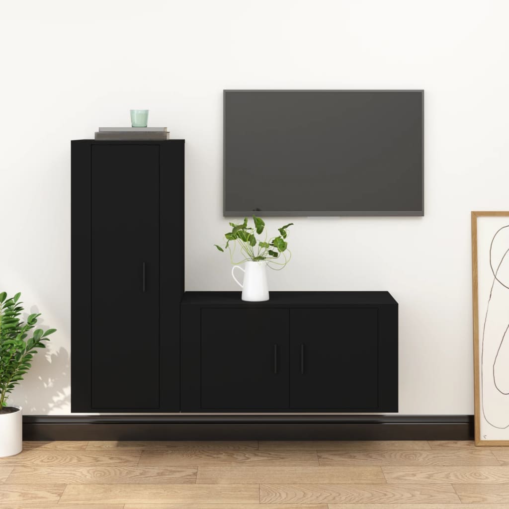 2 Piece TV Cabinet Set Black Engineered Wood