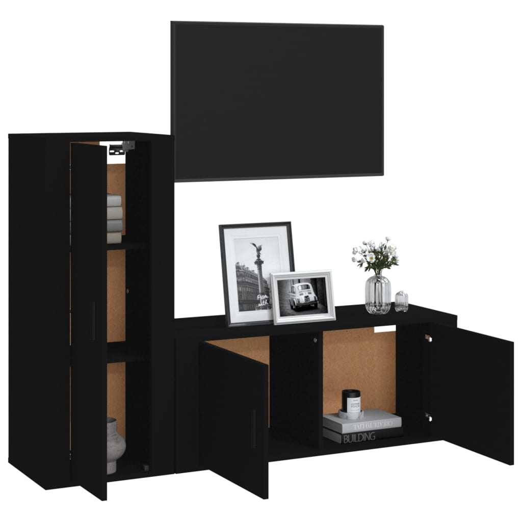 2 Piece TV Cabinet Set Black Engineered Wood