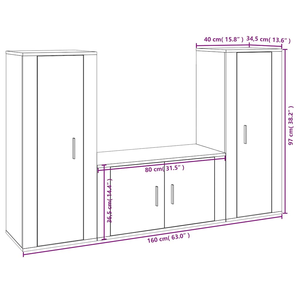3 Piece TV Cabinet Set Brown Oak Engineered Wood