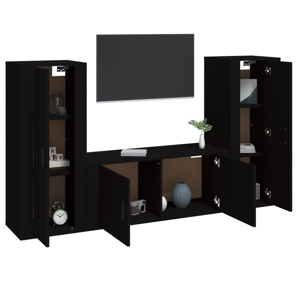3 Piece TV Cabinet Set Black Engineered Wood
